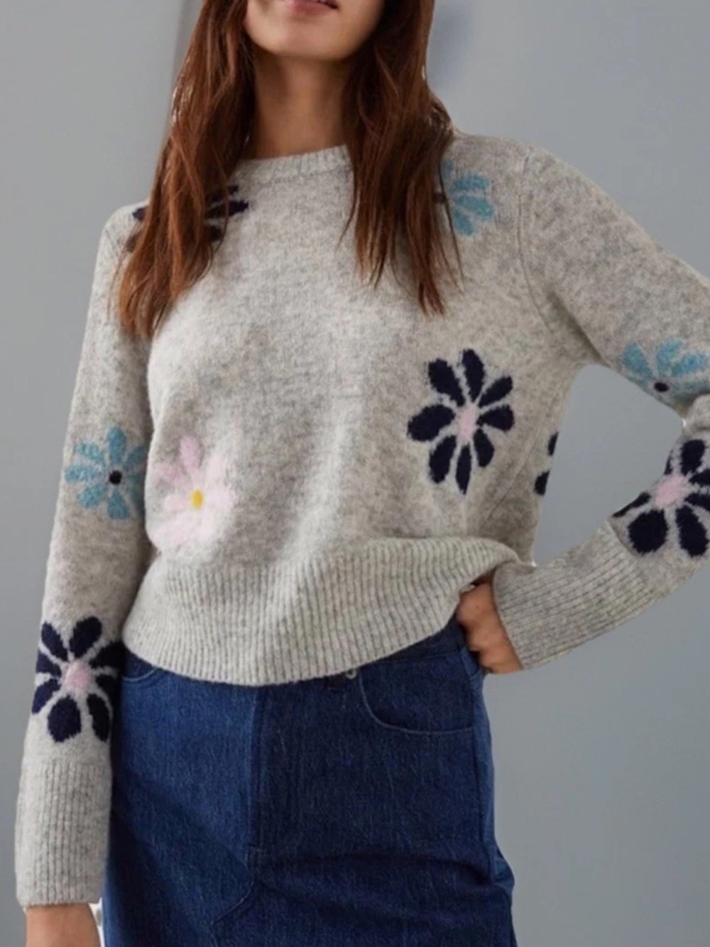 Rails Anise Grey Floral Daisy Knit Sweater Women's Small $278 Neiman Marcus